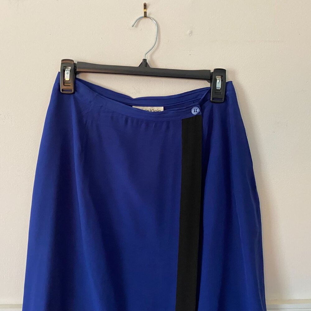 Vintage Calvin Klein Cobalt Blue 100% Silk Midi Wrap Skirt Size Small - Picture 3 of 5